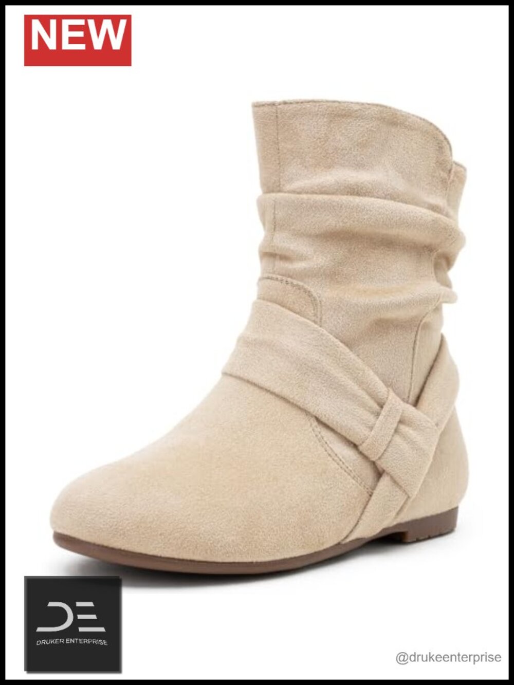 Women's Slouch Ankle Boots Flat Low Heel Side Zip Booties Man-made Suede